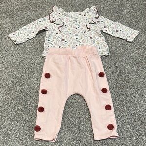Mudpie matching set Pom Pom pants and animal floral‎ print top 6-9 months